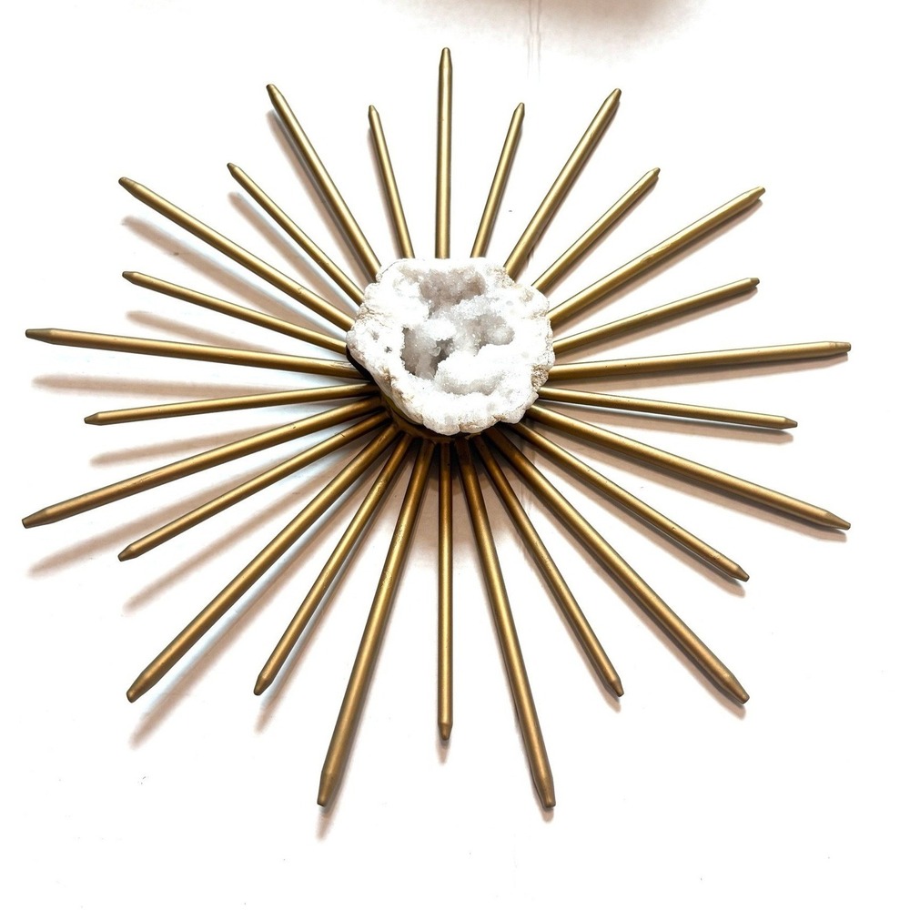 Gold MCM Metal Sunburst Wall Art Set Natural White Quartz Geode Centers 2pc - Picture 5 of 10